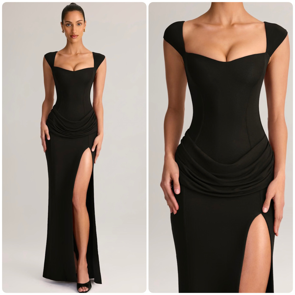 Oh Polly Elva Modal Sweetheart Neck Cowl Waist Maxi Dress in Black Size S New